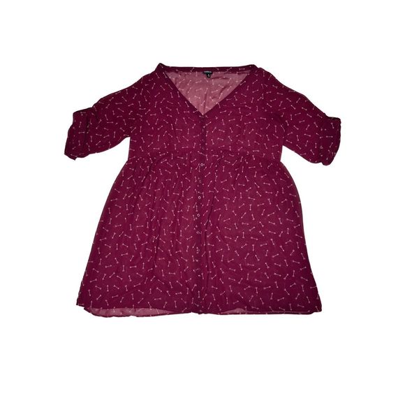 torrid Dresses & Skirts - Torrid 3X maroon white arrow pattern sheer 1/2 sleeve V-neck babydoll dress